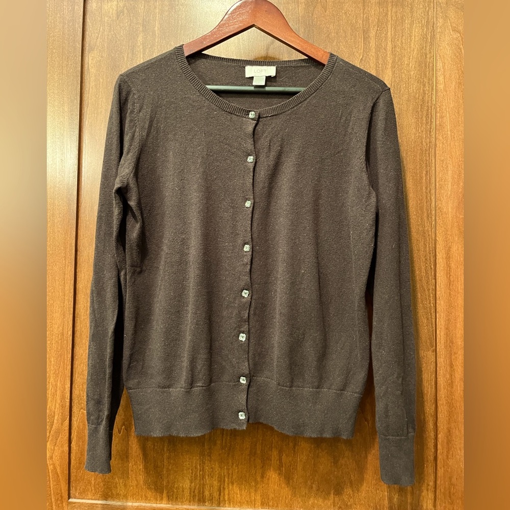 Ann Taylor LOFT chocolate brown button front cardigan with crystal buttons